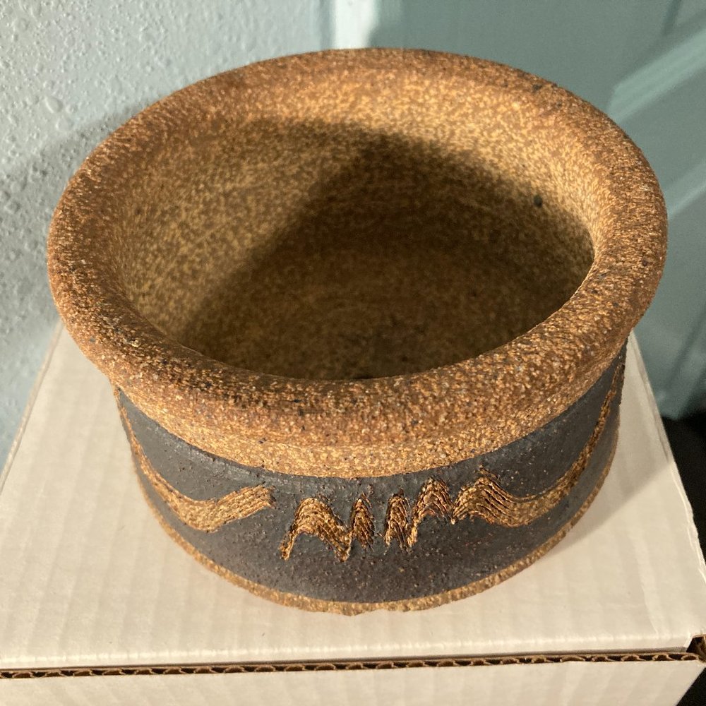 VTG Native American Etched Sandstone Planter-Artist Signed-5" Dia. & 2.75" High